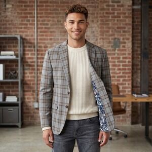 Soul of London Plaid Check Blazer Jacket Mens 42R Grey Brown Dark Academia